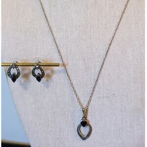 Vintage Onyx Marcasite 925 Sterling Necklace & Earring Set